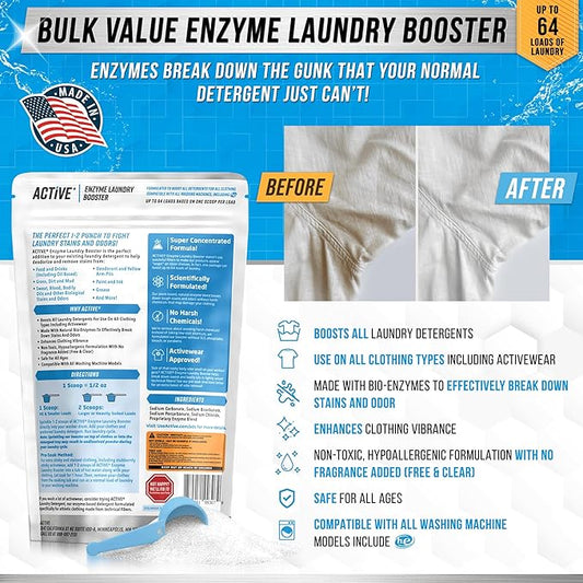 Enzyme Laundry Booster Odor Remover - 2 lbs Unscented Enzymatic Clothes Stain Cleaner Powder, Natural Deodorizer with Bio Active Enzymes, Detergent Additive Eliminator for Sweat, Oil, Blood - 64 Loads