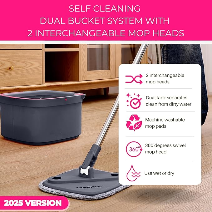 Square Spin Mop & Bucket Smart Floor Mop, Separate Compartments for Clean and Dirty Water, Self Cleaning w/Sweeper Attachment 2025 Upgraded Version w/Side Brush & Self-Standing 360° Rotating Handle