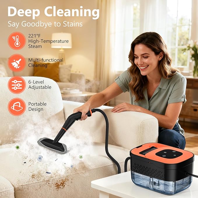 Steam Cleaner, Portable Steamer for Cleaning with 15pcs Accessories, 6-Level Adjustable, 15s Heat-Up, Handheld Steam Cleaner for Home, Tile, Grease, Dirt, Car Detailing, Christmas Gifts for Women, Men