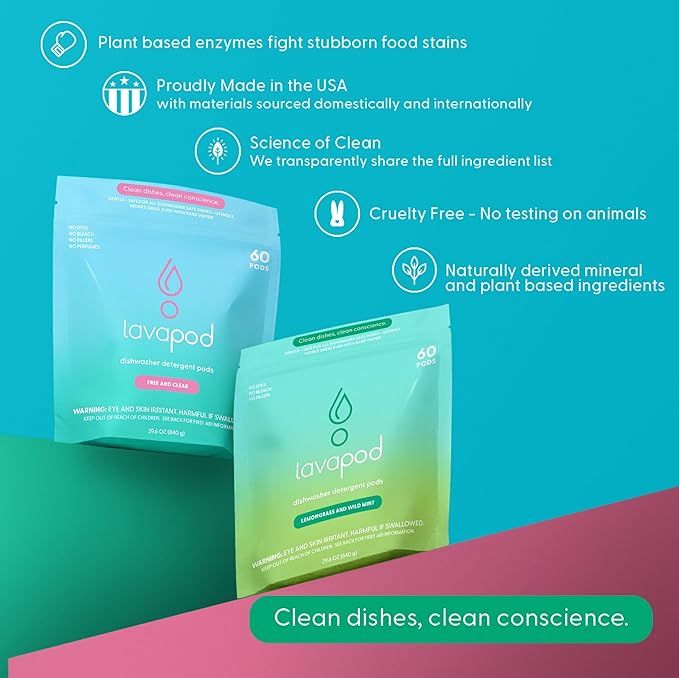 Natural Dishwasher Detergent Pods| Free and Clear (Unscented) Dish Tabs, Eco-Friendly Plant Based Enzymes | Leaves Dishes Sparkling, 60 Count