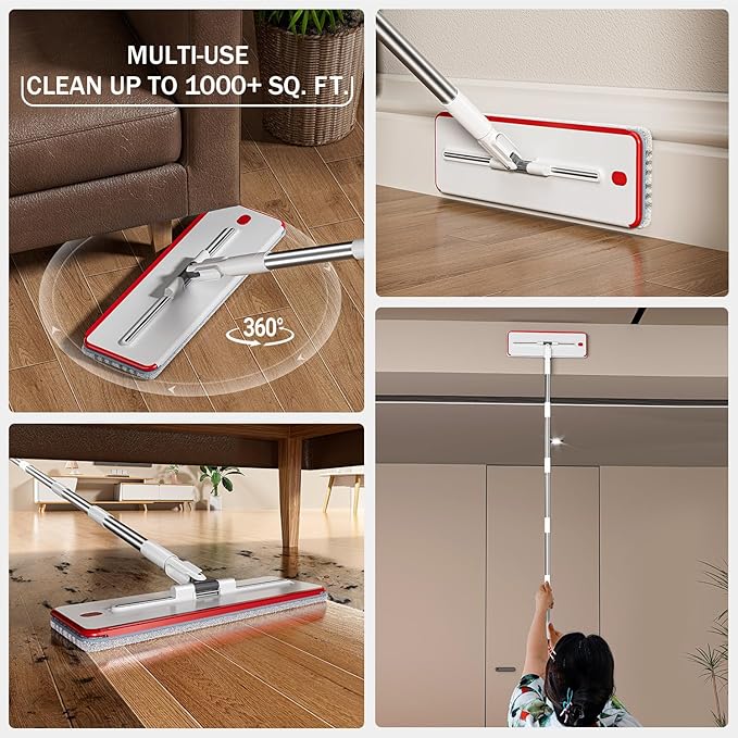 Mop and Bucket Set, 3-Tank Flat Mop and Bucket System for Separate Dirty & Clean Water, 65" Mops for Floor Cleaning with 8 Washable Pads, Safe for Hardwood, Vinyl, Tile, Baseboards, Walls