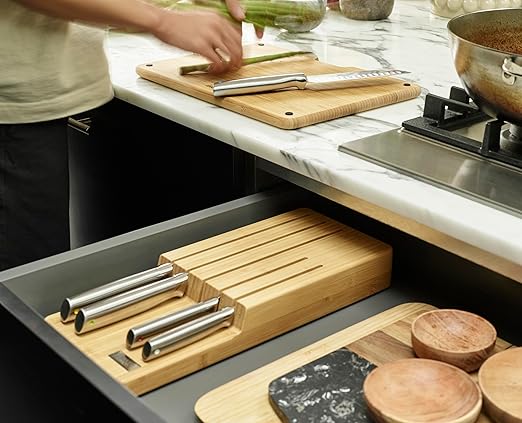 Joseph Joseph Elevate Kitchen Knives 5-piece Japanesse Stainless Steel knife set, in drawer Bamboo Block organizer tray