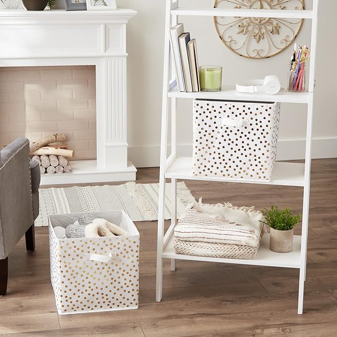 DII Non Woven Polyester Storage Bin, Polka Dot, White & Gold, Large Set of 2