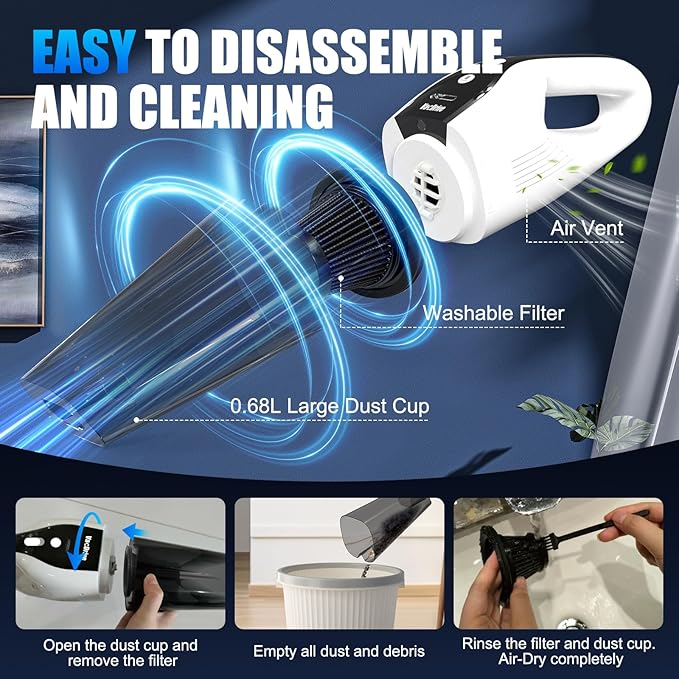 Car Handheld Vacuum Cordless Car Vacuum Cleaner for Drivers, Office, Home & Pet Hair, with True Brushless Motor, Ultra-Strong Suction, Large Battery & Big Dust Cup, Type-C Fast Charging