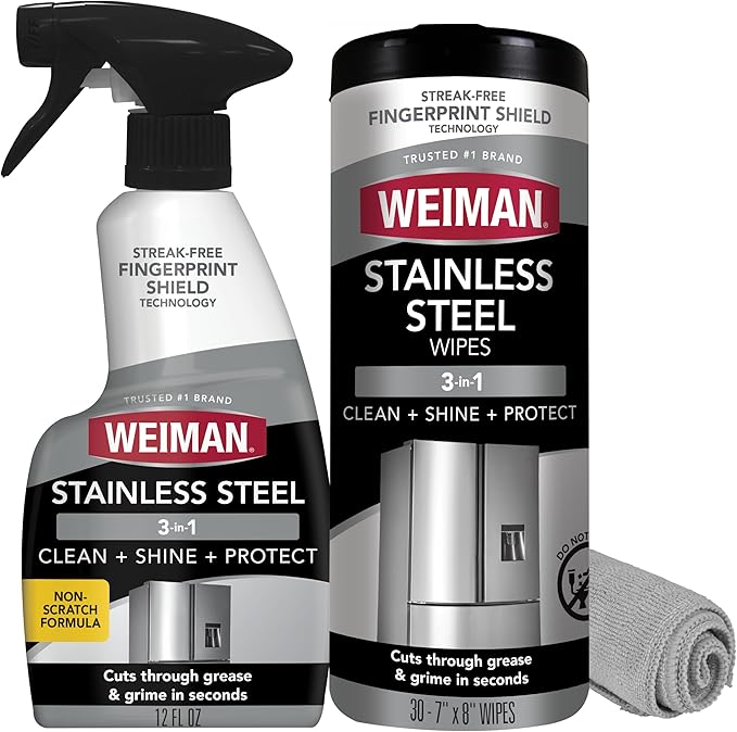 Weiman Stainless Steel Cleaner Kit - Removes Fingerprints, Residue, Water Marks, and Grease