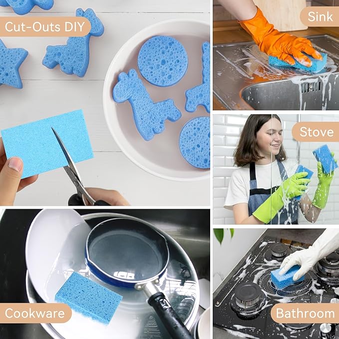 6 Pcs Kitchen Sponges for Dishes Cleaning, Non Scratch for Non Stick Cookware, Compressed Natural Cellulose Sponges, Dish Washing Scrubbers, Scrubbing Pads for Household, Bathroom (Blue)