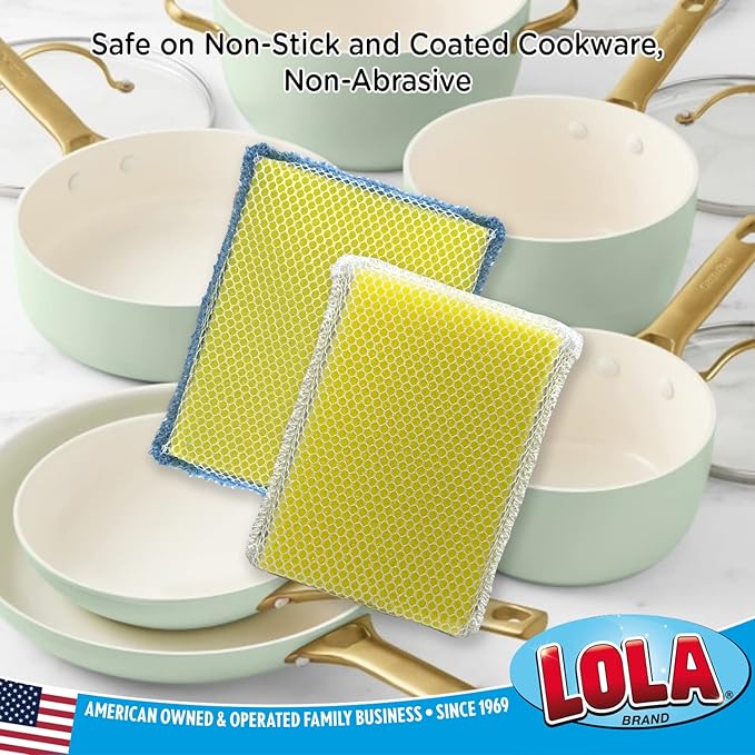 LOLA Microfiber & Nylon Net Sponges, 4 Pack, 2 Dual Sided Non Scratch Sponge Pads & 2 w/Microfiber Cloth One Side and Nylon Net Other Side