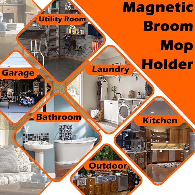 Heavy Duty Magnetic Broom Holder, Strong Magnetic Mop Hanger for Refrigerators, Powerful Magnet Wall Mount Broom Rack, Anti-slip Mop Storage Utility Rack for Kitchen, Home, Laundry, Garage