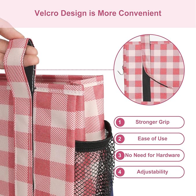 Surblue Bedside Caddy Hanging Bed Organizer Storage Bag Pocket for Bunk and Hospital Beds, College Dorm Rooms Baby Bed Rails, Camp 4 Pockets and 2 Hooks (Small,Red Plaid)