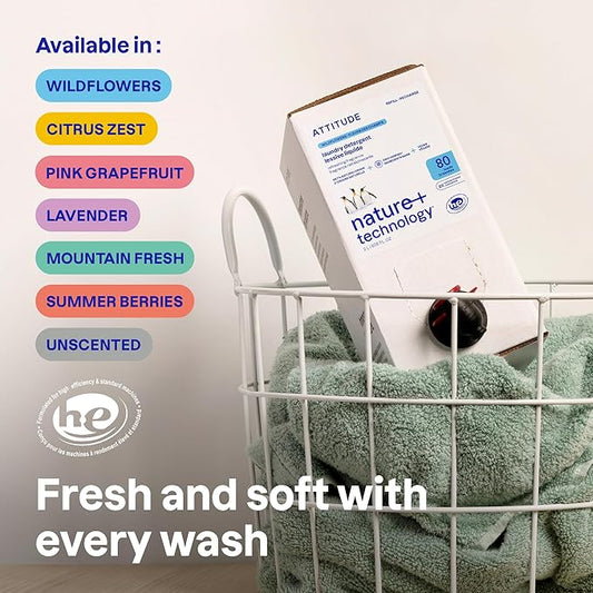 ATTITUDE Liquid Laundry Detergent Refill, EWG Verified, HE Compatible, Plant-Based & Vegan, Natural Laundry Soap, Wildflowers Scent, 80 Loads, 67.6 Fl Oz