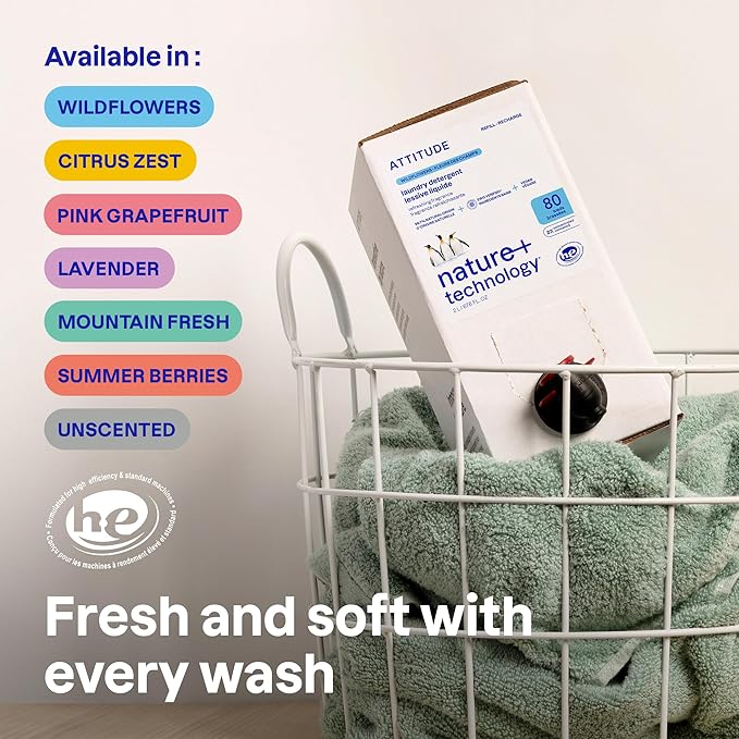 ATTITUDE Liquid Laundry Detergent Refill, EWG Verified, HE Compatible, Plant-Based & Vegan, Natural Laundry Soap, Mountain Fresh Scent, 80 Loads, 67.6 Fl Oz