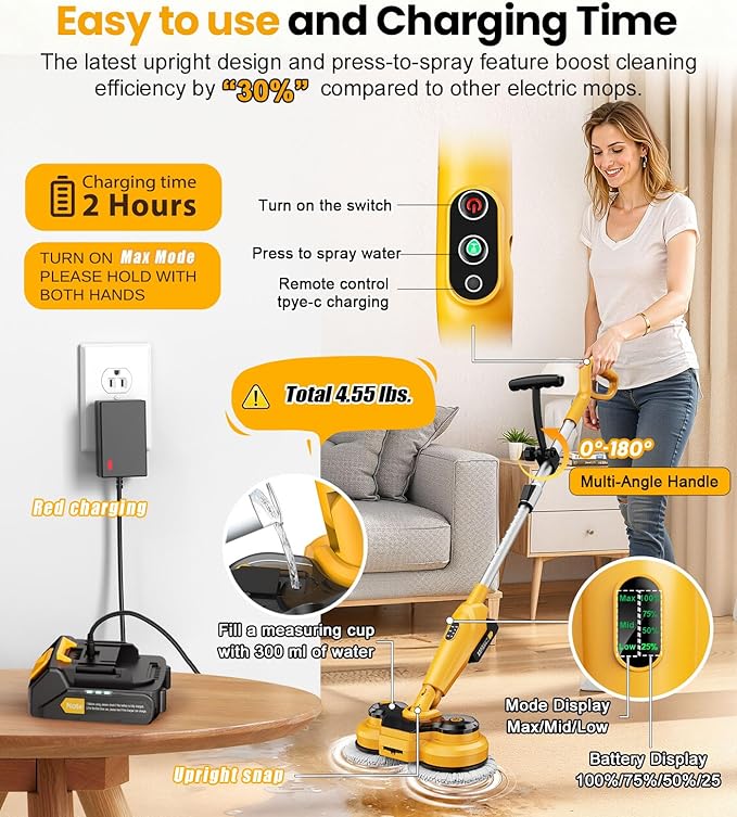 qimedo 6000mAh Battery Cordless Electric Mop M3, 800RPM Electric Power Scrubber & Mops for Floor Cleaning, Automatic Spin Mops with Smart Display,Rotating Mop with LED Light & Water Spray