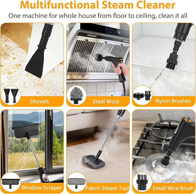 Steam Cleaner for Home with 15-Second Fast Heat-Up, Handheld Steamer for Cleaning Features 1.2L Tank, Steam Control & 16 Accessories to Remove Grease, Grout, Tile, Floor and Car Dirt