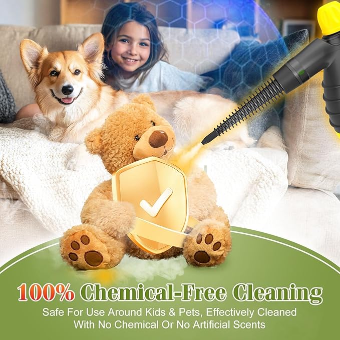 Handheld Steam Cleaner - 275°F High-Temp Fast Heating Multi-Surface Steamer for Cleaning, 100% Chemical-Free Pet Safe Portable Steam Cleaner for Home/Bath/Window/Car Detailing/Upholstery/Couch/Grout
