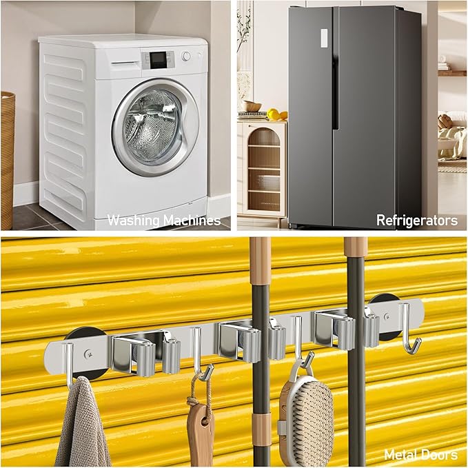 KIBBEH Heavy-Duty Magnetic Storage Rack for Brooms and Mops, Wall-Mounted Non-Slip Holder, Strong Magnetic Hooks for Hanging Tools