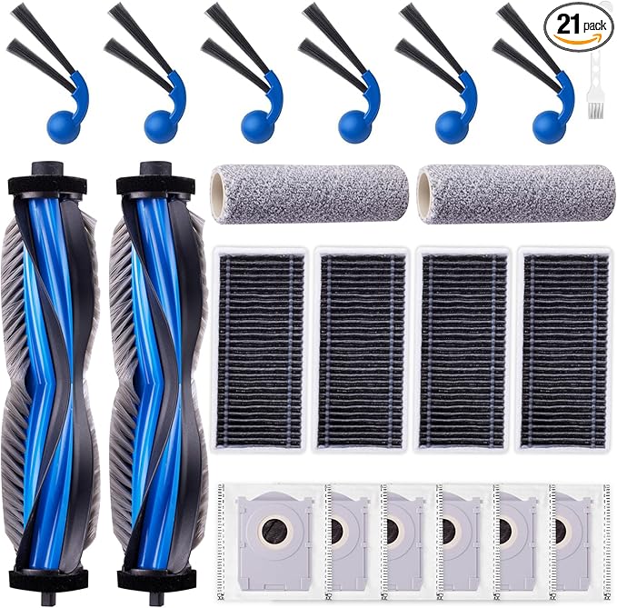 21 Pack Accessories Kit for ECOVACS DEEBOT T80 Omni Robot Vacuum, Replacement Parts 2 Anti Tangle Main Brush 2 Roller Mop 6 Dust Bags 6 Sidebrush 4 Filter 1 Cleaning Brush