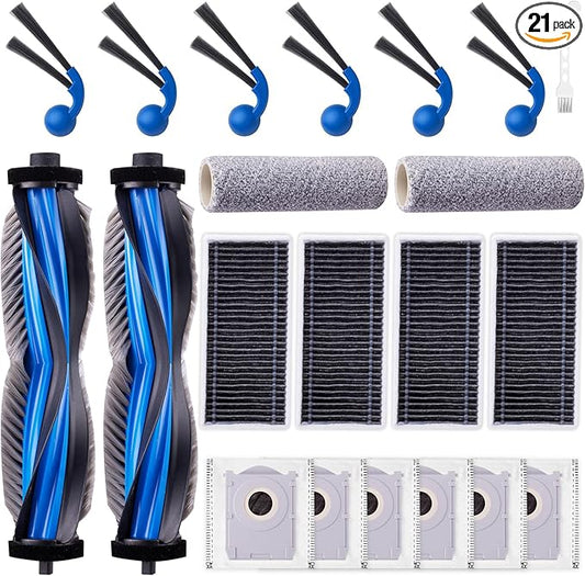 21 Pack Accessories Kit for ECOVACS DEEBOT T80 Omni Robot Vacuum, Replacement Parts 2 Anti Tangle Main Brush 2 Roller Mop 6 Dust Bags 6 Sidebrush 4 Filter 1 Cleaning Brush