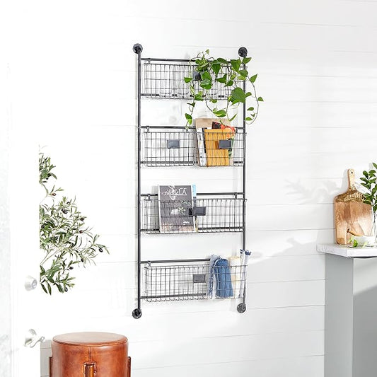 Deco 79 Metal Tall Wire 5 Slot Magazine Rack Holder with Suspended Baskets and Label Slots, 27" x 5" x 61", Black