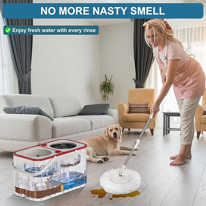 Gen 1 Large-Capacity Spin Mop and Bucket – for Big Homes & Deep Cleaning Days,4-Chamber System Separates Dirty & Clean Water, 2-GAL Heavy-Duty Design with Wheels & 6 Refill Mop Heads - White/Red