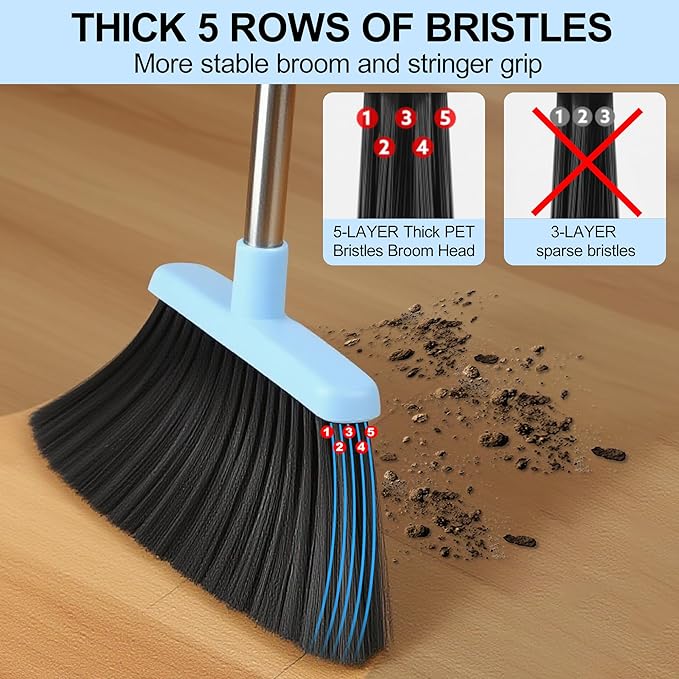 Broom and Dustpan Set, 52-in Handle Broom Dustpan Combo Set with Dustpan Teeth to Clean Pet Hair Suitable for Home Kitchen Office Garden Garage(Blue)