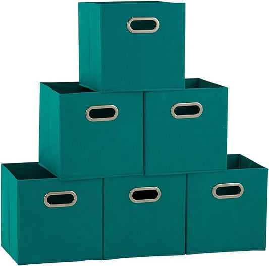 Household Essentials 83-1 Foldable Fabric Storage Bins | Set of 6 Cubby Cubes with Handles | Aqua (Pack of 6)