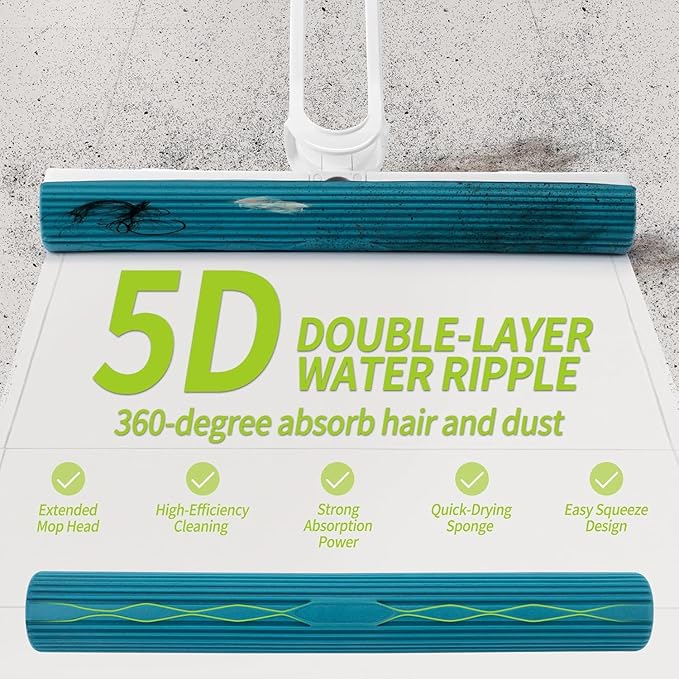 Sponge Mop for Floor Cleaning with 53" Long Handle, Total 2 Sponge Heads (NOT 3), Easily Dry Wringing for Hardwood Tile Concrete Bathroom Kitchen