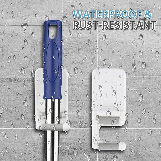 NiHome Multi-Use Wall Mounted Mop Holders 4PCS for Mops, Brooms, Tools, Umbrellas, Kitchen & Bathroom Supplies, Space-Saving Broom Holder with 180° Rotating Design, Self-Adhesive No-Drill Installation