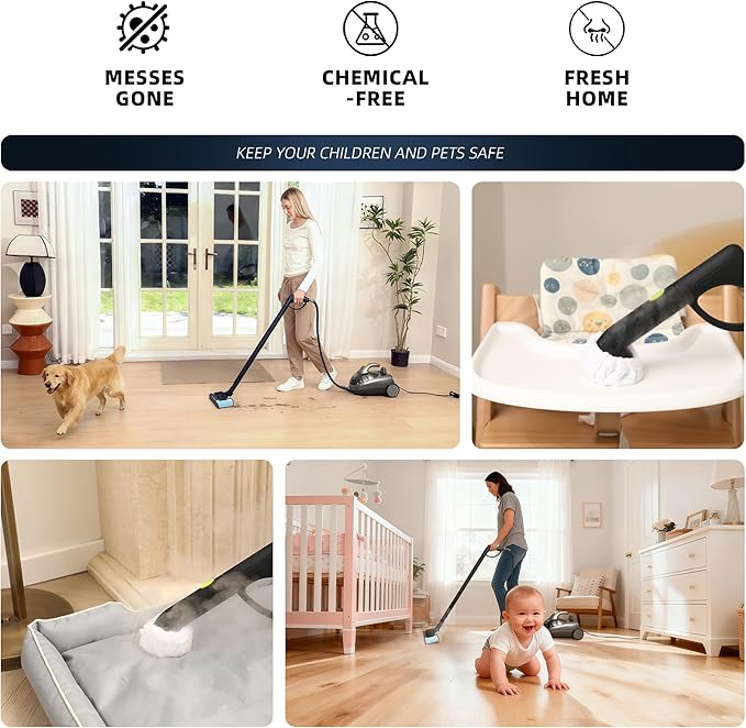 Steam Cleaner, Power Steamer for Chemical-Free Home Cleaning, 22-Piece Accessory, Multipurpose Floor Cleaner for Grout, Kitchen, Bathroom, Car, Upholstery, 16ft Cord, High Temperature