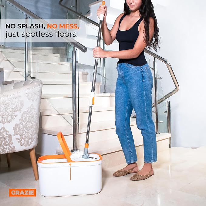 Spin Mop and Bucket Set Cleaning System Wringer 360 Microfiber Mop with Stainless Steel Handle Self Wringing Bucket for Tile Hardwood Laminate Floors Includes 2 Mop Head Refills