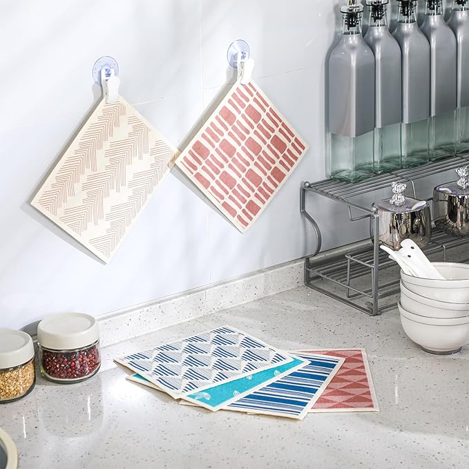 6 Pcs Swedish Towel for Kitchen 8 x 7 Inch Reusable Paper Towels with 4 Adhesive Hooks Swedish Absorbent Dish Towels Fast Drying Washable Cleaning Cloths No Odor Decorative Dishcloth for Kitchen