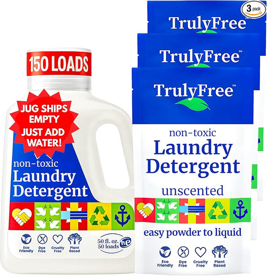 Truly Free Laundry Wash Detergent for Sensitive Skin, Gentle & Safe for Baby Clothes | Plant-Based, Natural Ingredients | Unscented | Include 1 Refillable Bottle (150 Loads)