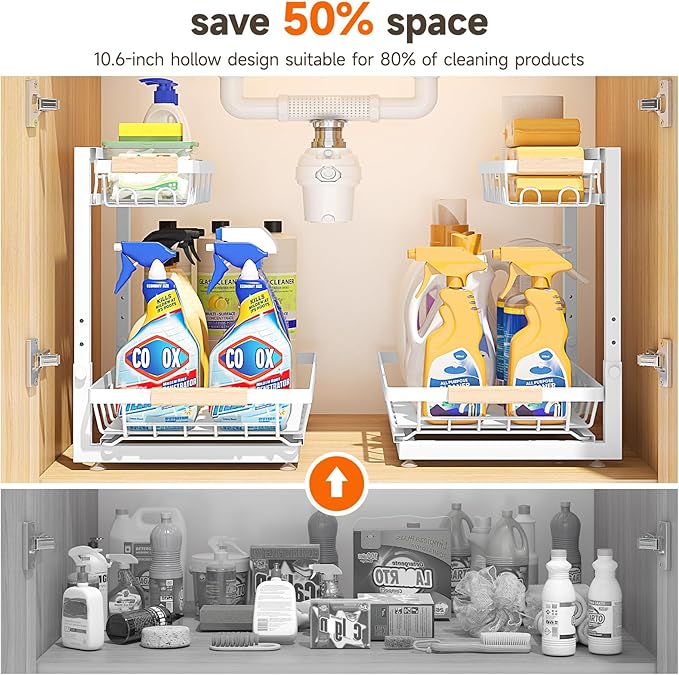 2 Packs Under Sink Organizer, High Adjustable 2 Tier Under Kitchen sink organizer, Multi-Purpose Storage Shelf for Kitchen Bathroom Cabinet (White)