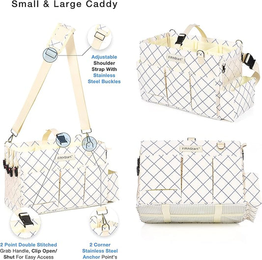 FifthStart Cleaning Caddy for Cleaning Supplies - Large Cleaning Bag Organizer Tote with Shoulder Strap, Mesh Base & Adjustable Dividers - Heavy Duty Cleaning Bags for Housekeepers (Blue Check, Large)