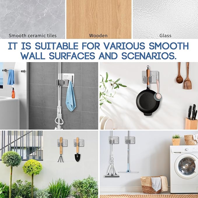 Mop Broom Holder Wall Mount, Stainless Steel, Rust Resistant, Heavy Duty, No Drill,Self-adhesive Broom Holder Wall Mount with Hooks 4Pcs for Bathroom, Kitchen, Garage, Nickel