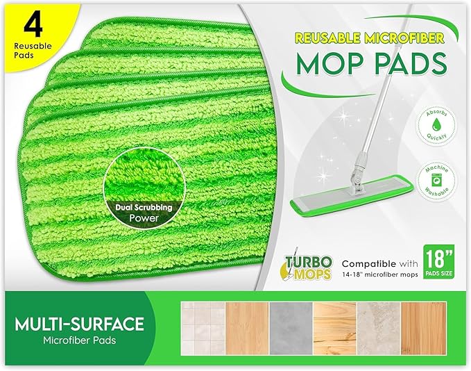 Reusable Microfiber Mop Pads Replacement – 4-Pack, Thick & Absorbent 18-Inch Washable Cleaning Pads, Hook-and-Loop Attachment, Compatible with Bona, Rubbermaid, Libman, Bruce & More
