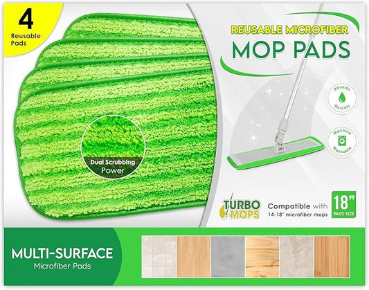 Reusable Microfiber Mop Pads Replacement – 4-Pack, Thick & Absorbent 18-Inch Washable Cleaning Pads, Hook-and-Loop Attachment, Compatible with Bona, Rubbermaid, Libman, Bruce & More