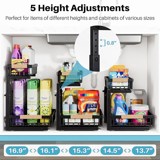 1 Packs 2 Tier Pull Out Cabinet Organizer Storage Shelf, Sliding Under Sink Organizers, Metal Drawer for Kitchen, Bathroom, Pantry Closet Organization Rack,Black