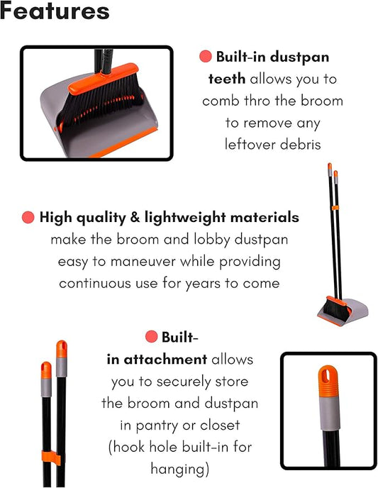 BirdRock Home Broom and Dustpan Set - Lobby Dust Pan - Orange and Grey Durable Set - Indoor or Outdoor - Sweep Combo Great for Kitchen, Home, Garage and Office - Clip On Self Cleaning Bristles