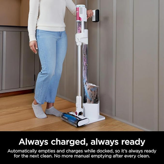 SHARK Clean & Empty Cordless Stick Vacuum Cleaner, Auto-Empty System, Self Cleaning Brushroll, HEPA Filter, Powerful Suction, Compact Lightweight, Perfect for Pet Hair (Renewed) (White + Bold Magenta)