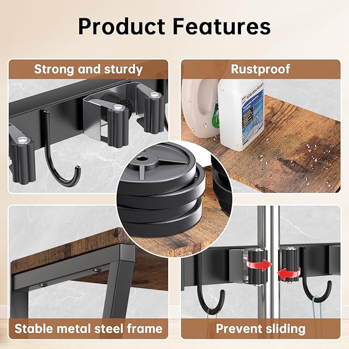 Broom Holder Wall Mount, Heavy Duty Broom & Mop Organizer Wall Hanging for Laundry Room Organization, Garage Storage & Home Improvement, Multi-Layer Iron & Wood Shelving with Hooks