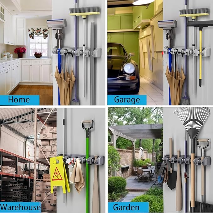 Broom Holder Wall Mount,Broom and Mop Organizer Wall Hanging,Broom Holder with Hooks and Slots for Home,Garage,Garden,Laundry,Kitchen