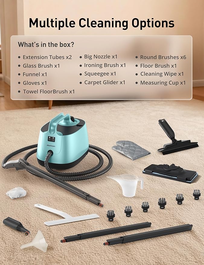Steam Cleaner, 293°F 58 PSI Powerful Multipurpose Handheld Steam Mop for Home Use, 21 Attachments, 50Oz Capacity, Heavy Duty Steamer for Carpets, Floors, Cars, Tiles, Crack Cleaning, Turquoise