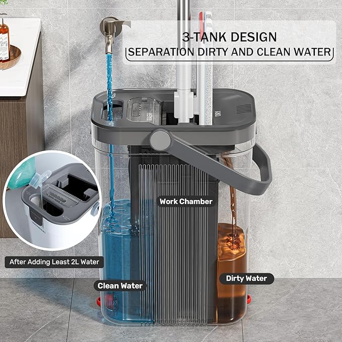 Mop and Bucket Set, 3-Tank Flat Mop and Bucket System for Separate Dirty & Clean Water, 65" Mops for Floor Cleaning with 4 Washable Pads, Safe for Hardwood, Vinyl, Tile, Baseboards, Walls