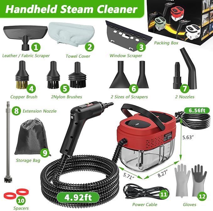 Handheld Steam Cleaner, 2500W High Pressure Steamer for Cleaning, Portable Steam Cleaner with 1.6L Water Tank, 3 Levels Adjustable Handle, Steam Cleaner for Home, Car, Furniture, Bed Bugs (Red)