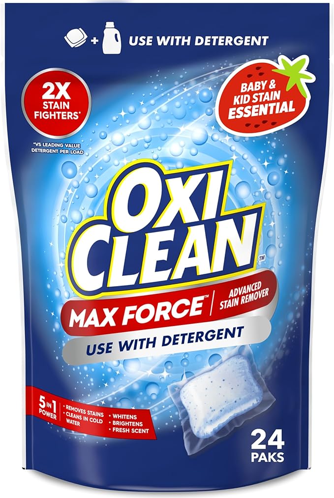 OxiClean Max Force Advanced Stain Remover Power Paks, Color-Safe, Bleach-Free Kids and Baby Essential, Use with Detergent to Remove Messy Stains like Berries, Juice, Mud, Grass, 24 Count
