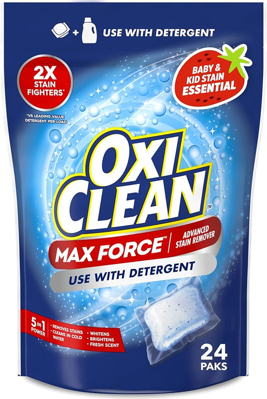 OxiClean Max Force Advanced Stain Remover Power Paks, Color-Safe, Bleach-Free Kids and Baby Essential, Use with Detergent to Remove Messy Stains like Berries, Juice, Mud, Grass, 24 Count