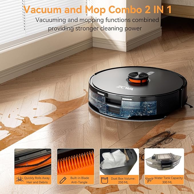 ZCWA D15S MAX Robot Vacuum and Mop Combo, 10000Pa Suction Robot Vacuum, Self-Emptying, Lidar Navigation Robot Vacuum Cleaner, 3200mAh/Automatic Recharging, 3.5L Dust Bin, App Control, Wi-Fi Connected