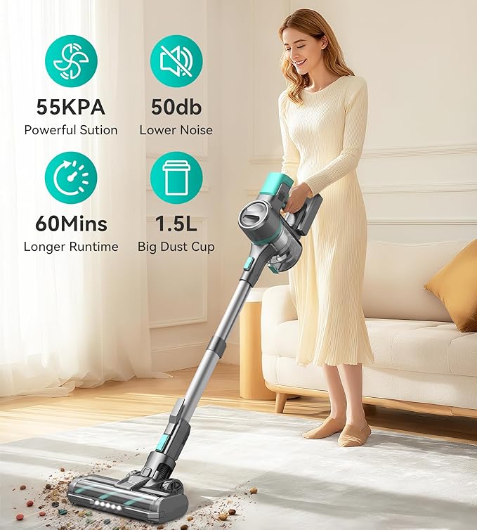 S10K Cordless Vacuum Cleaner, 55Kpa 60mins Lightweight Stick Vacuum with Powerful Suction for Home, Rechargeable, Self-Standing, Handheld Vacuum Cleaners for Hardwood Floors, Carpets, Pet Hair