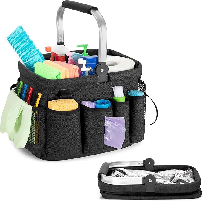 Cleaning Caddy Organizer with Handle, Cleaning Tote Bag with Multiple Pockets for Cleaning Supplies, Products Storage, Housekeepers, Car Cleaning, Black