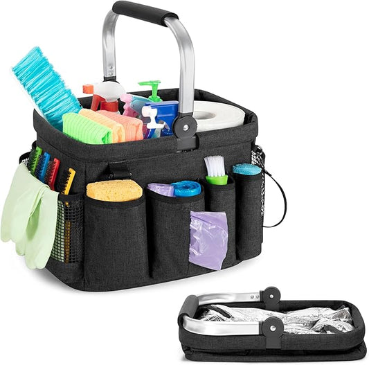 Cleaning Caddy Organizer with Handle, Cleaning Tote Bag with Multiple Pockets for Cleaning Supplies, Products Storage, Housekeepers, Car Cleaning, Black